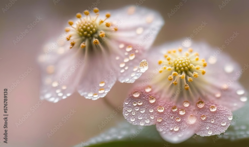  a close up of two flowers with water droplets on them, with a green leaf in the foreground and a li