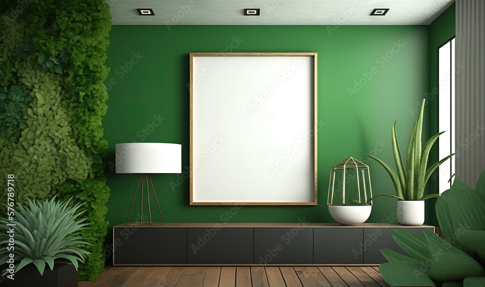  a green living room with a plant and a picture frame on the wall with a quote on it that reads de v