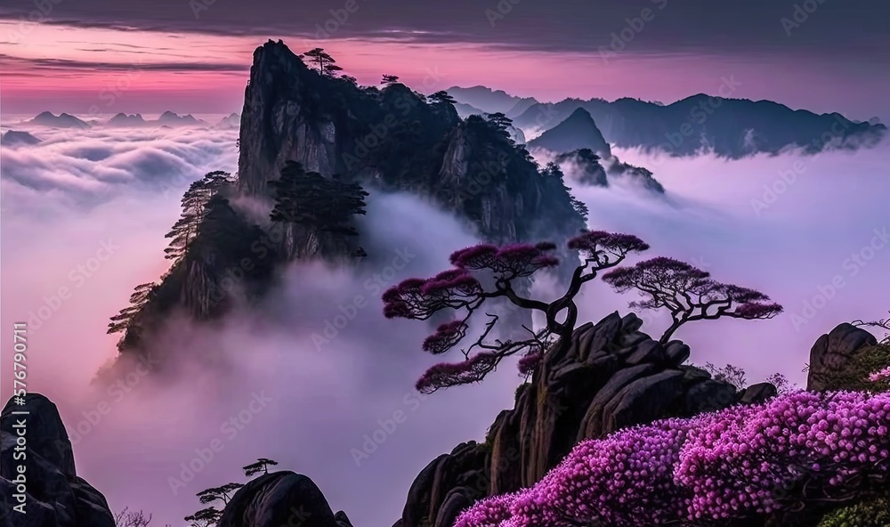  a mountain covered in clouds and trees with pink flowers in the foreground and a pink sky in the ba