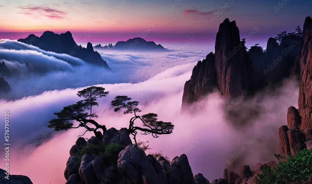  a mountain landscape with a tree in the foreground and fog in the air above the clouds and mountain
