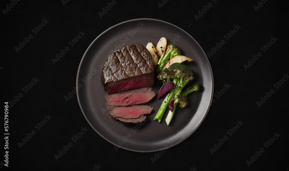 a plate of food with meat, broccoli, and potatoes on a black surface with a black background with a