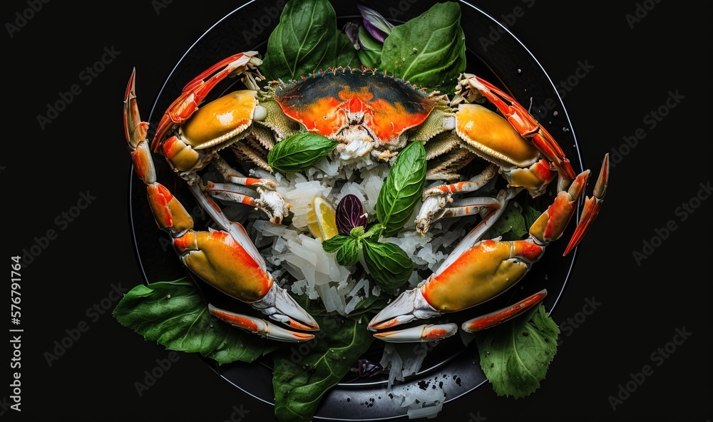  a plate of crab legs with rice and vegetables on top of it, with leaves on top of the plate, on a b
