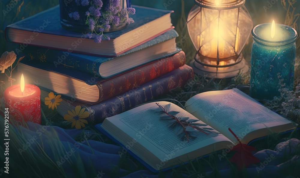  a stack of books sitting next to a lit candle and a candle holder on top of a field of grass with f