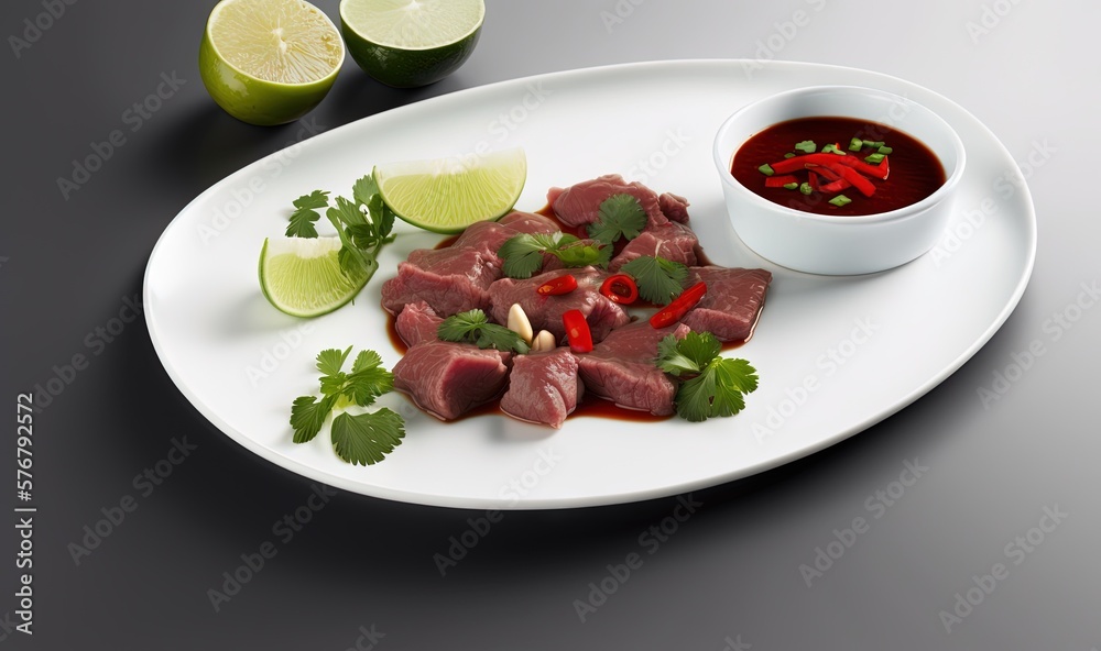  a white plate topped with meat and garnish next to a bowl of sauce and a lime slice on the side of 