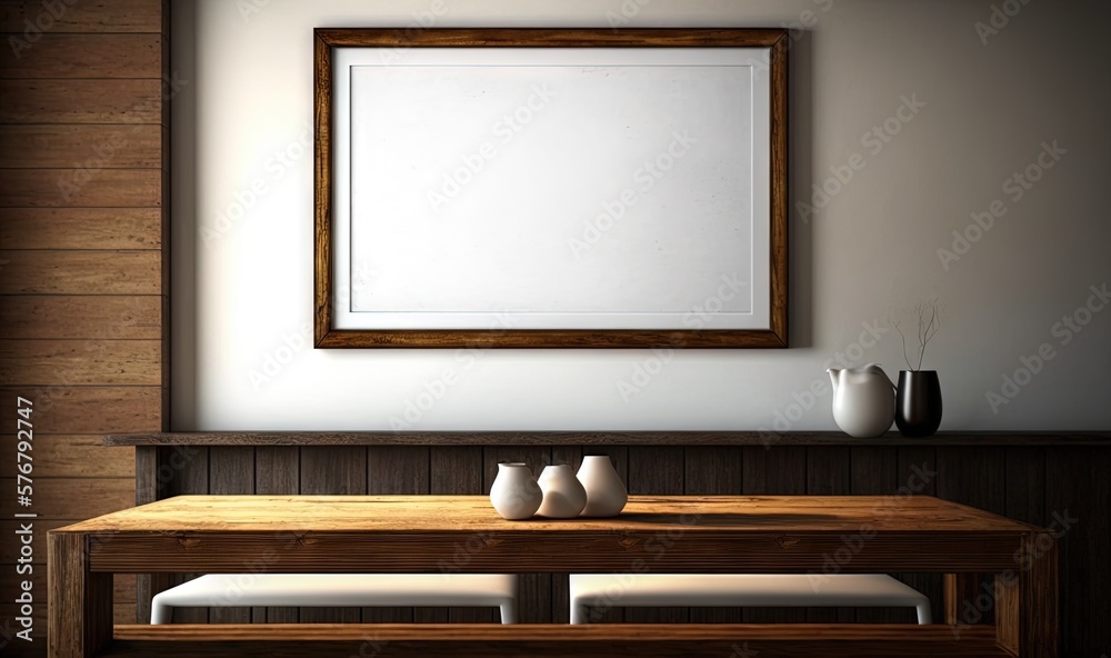  a wooden table topped with white vases under a framed picture of a white square on the wall above i