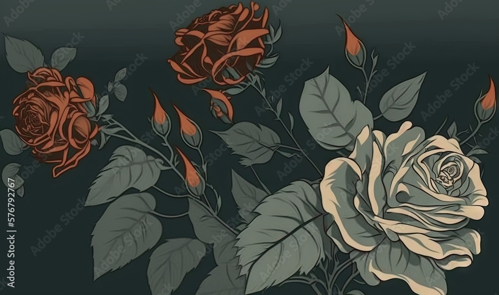  a drawing of three roses on a black background with leaves and buds on the stem and in the center o