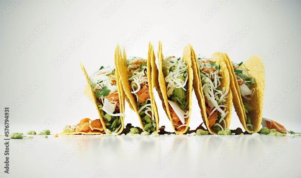  a group of tacos with shredded cheese and vegetables on top of them on a white surface with a white