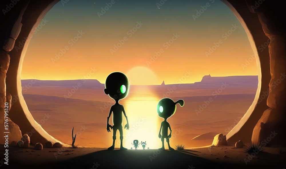  a couple of aliens standing in front of a doorway at night with the sun setting in the background a