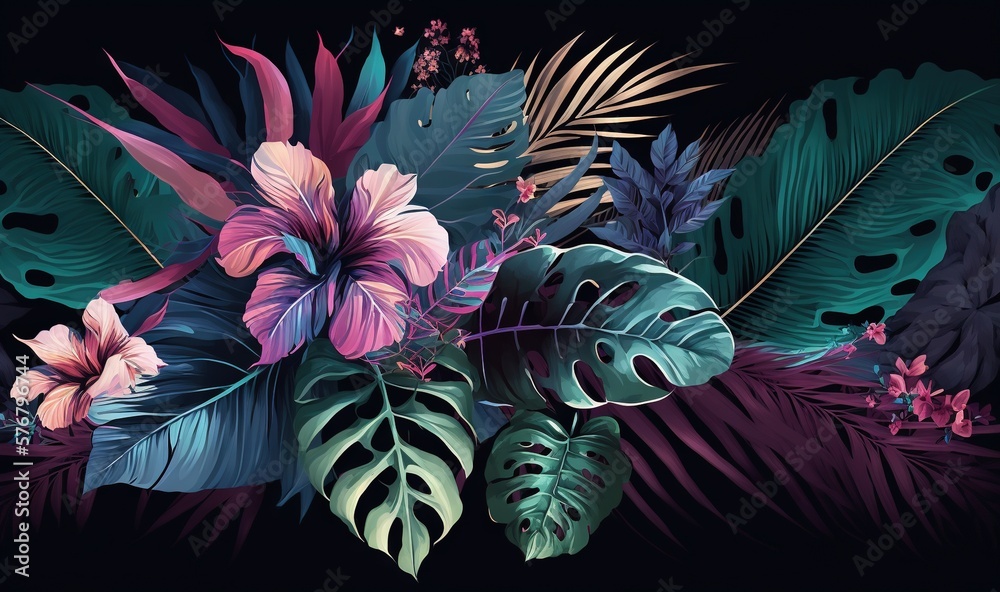  a painting of tropical flowers and leaves on a black background with pink and purple colors on the 