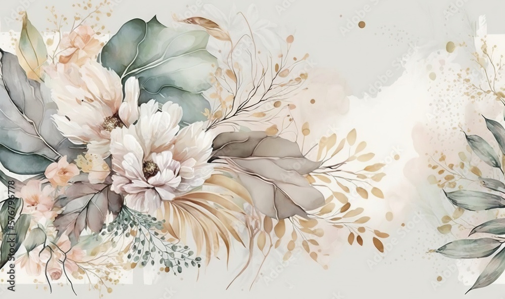  a painting of flowers and leaves on a white background with a gold foil effect and a white backgrou