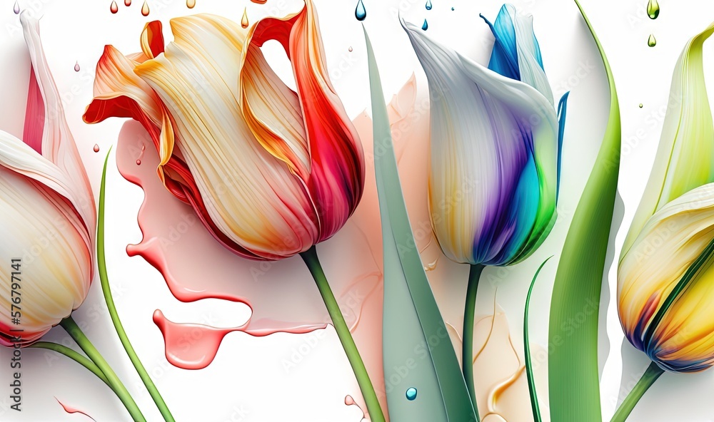  a group of three colorful flowers with water drops on them and a white background with a green stem