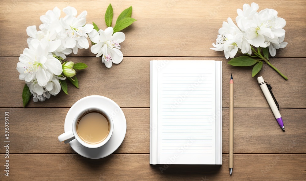  a cup of coffee and a notepad on a wooden table next to a pen and a flower arrangement with a penci