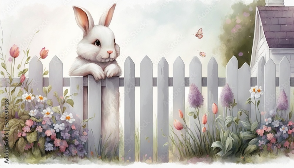  a painting of a rabbit sitting on a fence with flowers and a house in the background and a butterfl