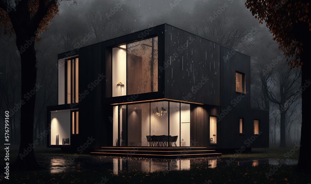  a house with a lot of windows in the dark forest at night with rain falling on the ground and a ben