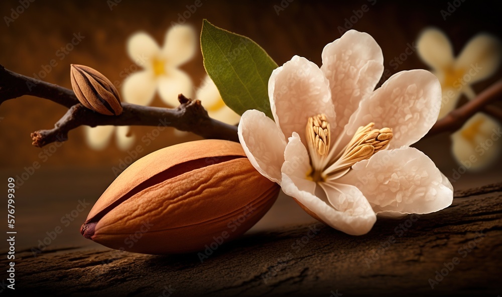  a close up of a flower and a nut on a branch with flowers in the background and a blurry image of a
