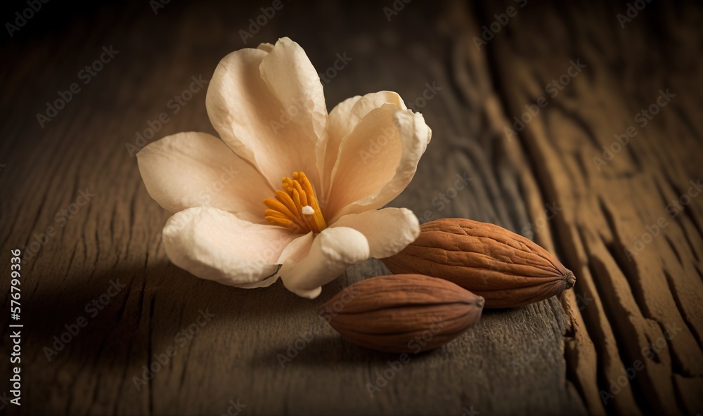  a white flower and two almonds on a wooden table with a dark background and a light brown center wi