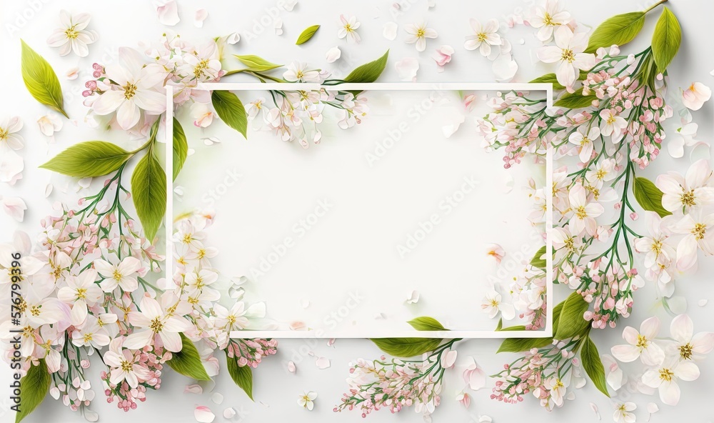  a white square frame surrounded by pink flowers and green leaves on a white background with a place