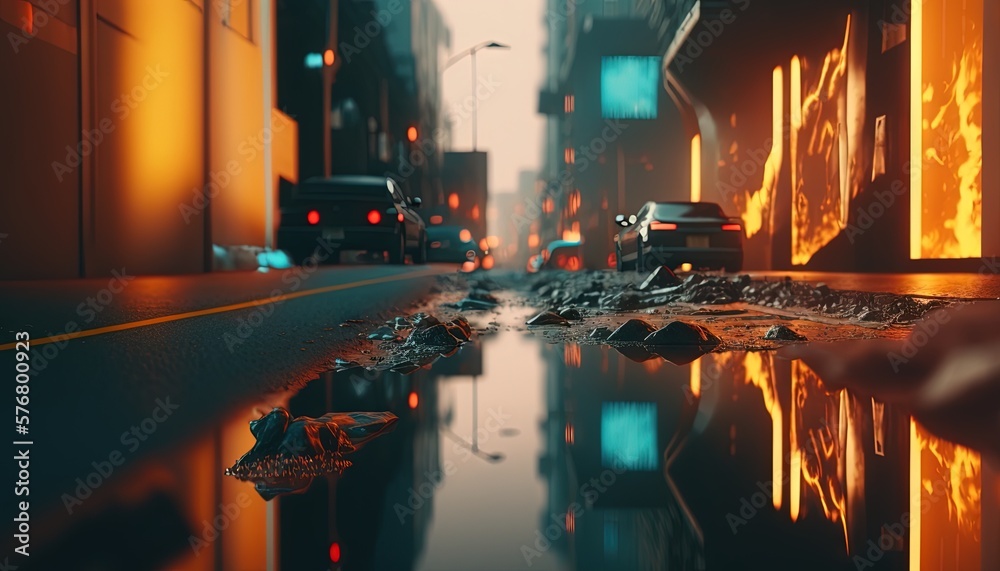  a city street with a puddle of water on the ground and cars on the road in the distance, with build