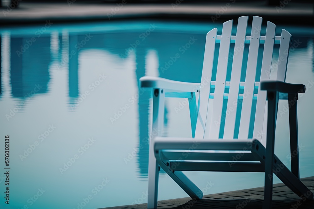  a white lawn chair sitting next to a swimming pool with a reflection of a building in the water beh