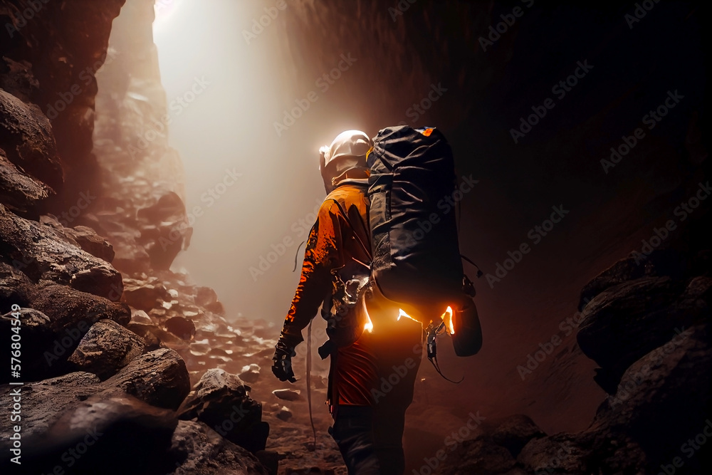 Man exploring the cave deep under earth. Generative AI