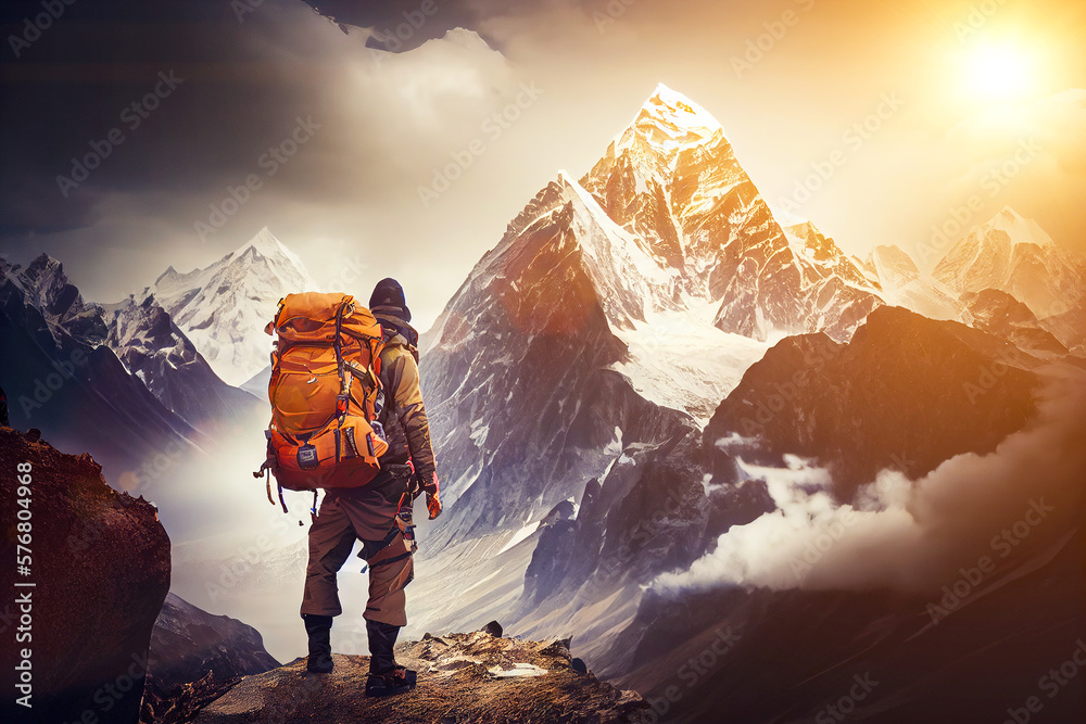 Explorer stand in front of high mountain peak landscape. Bright sun shine. Generative AI