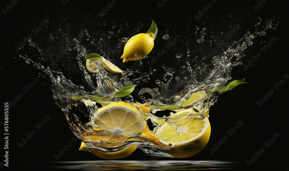  a splash of water with lemons and lemons on a black background with a splash of water on the top of