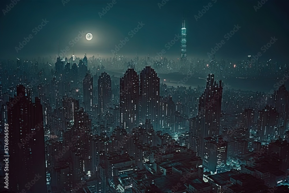  a city at night with a full moon in the sky and a full moon in the sky above the city at night, wit