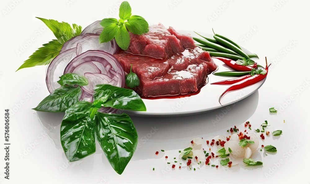  a plate of raw meat and vegetables on a white surface with a green leafy garnish on top of the plat