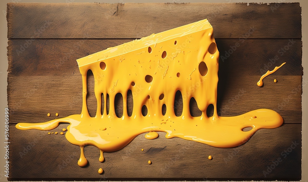  a piece of cheese with melted yellow paint on a wooden surface with a piece of cheese on its side 
