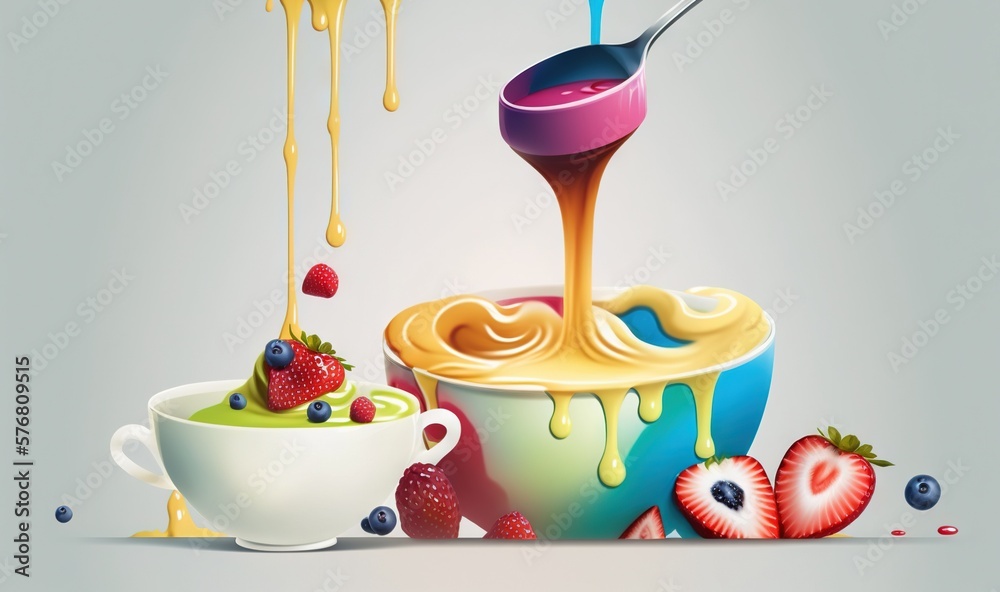  a painting of a bowl of fruit and a bowl of ice cream with a spoon pouring liquid on top of the bow