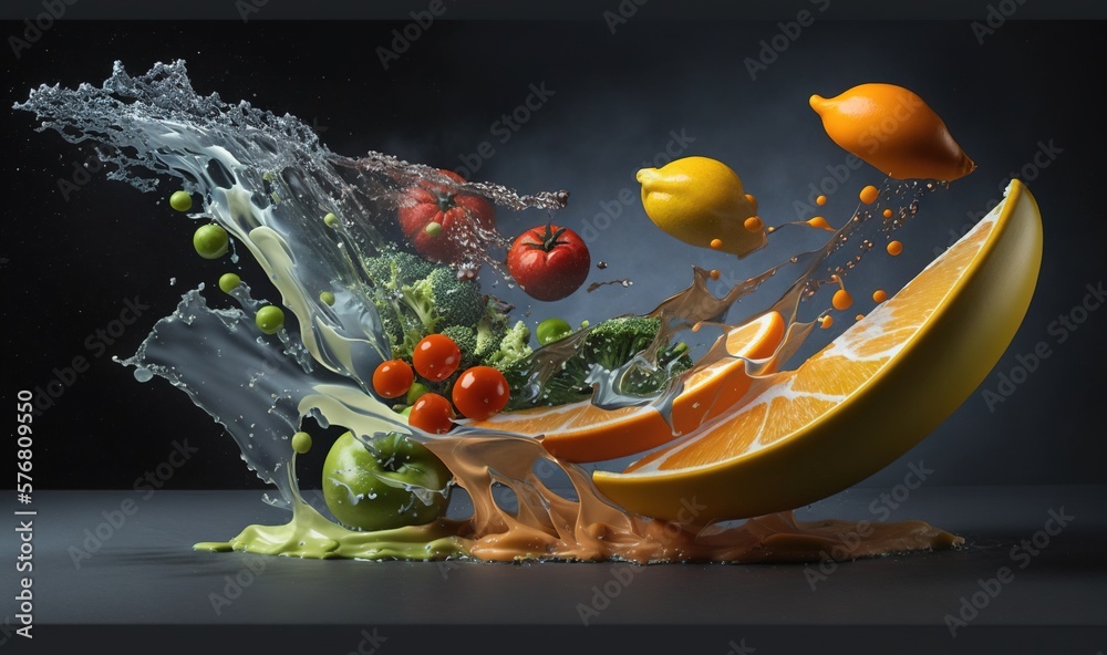  a fruit and vegetable splashing into a bowl of oranges, broccoli, tomatoes, peppers, and lemons on 