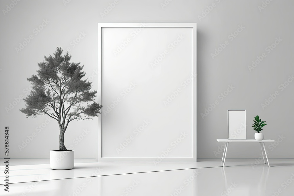 Studio Scene For Product, White Room With Tree, Minimalist Design, Product Display Stand. Generative