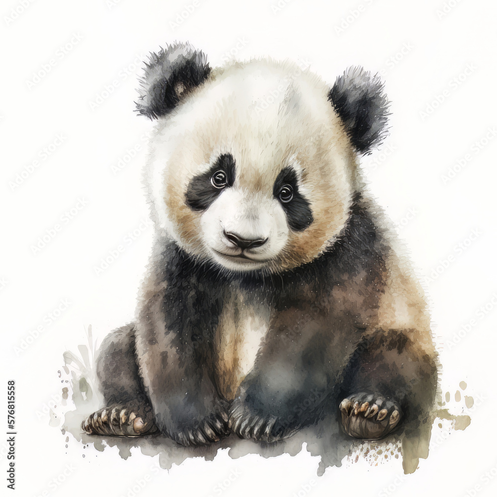cute watercolor baby panda portrait on white background. Illustration AI Generative