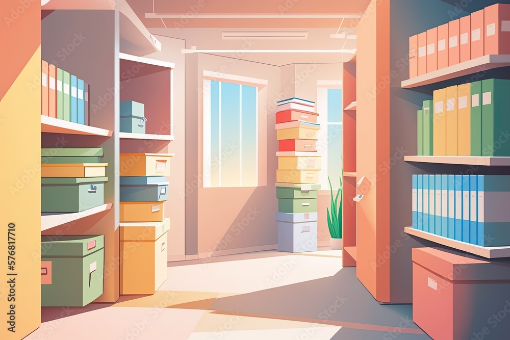 Interior of an office building with papers and folders lining the walls in bright colors. Generative