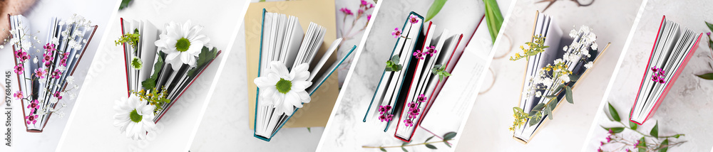 Collage of books with fresh flowers on light background, top view