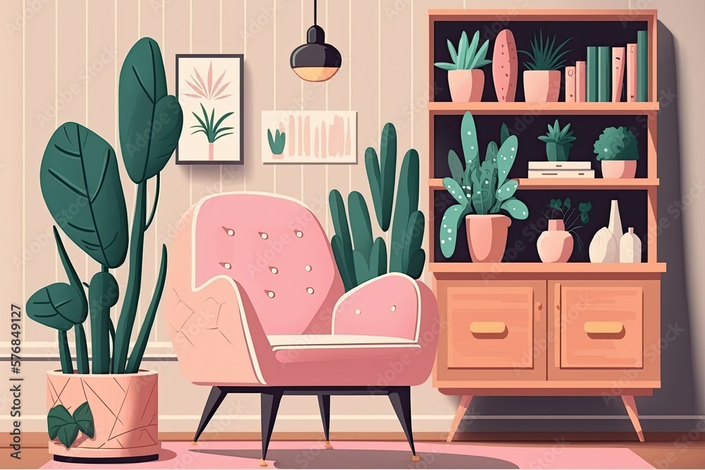 Decorations in a living room including a pink armchair, cabinet, wooden lamp, houseplants, and a boo