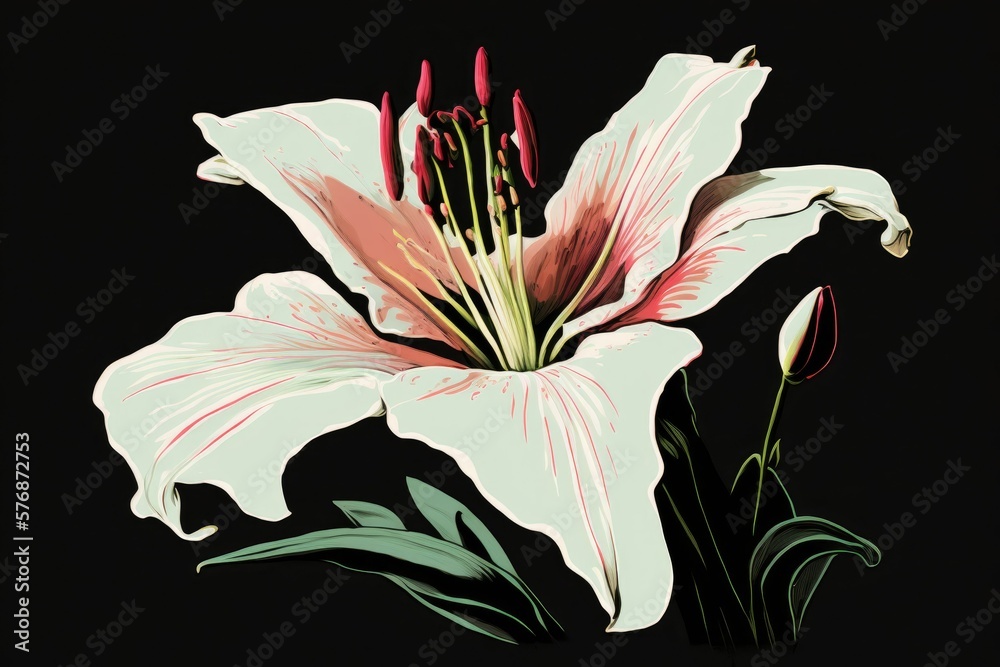 Image of a white lily bloom with a crimson edge, cropped close up; background colors are pastel pink