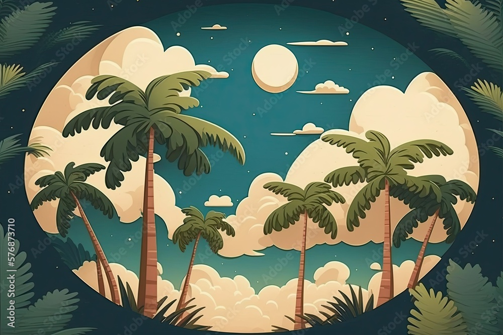Tropical sky with vintage style coconut trees. Generative AI