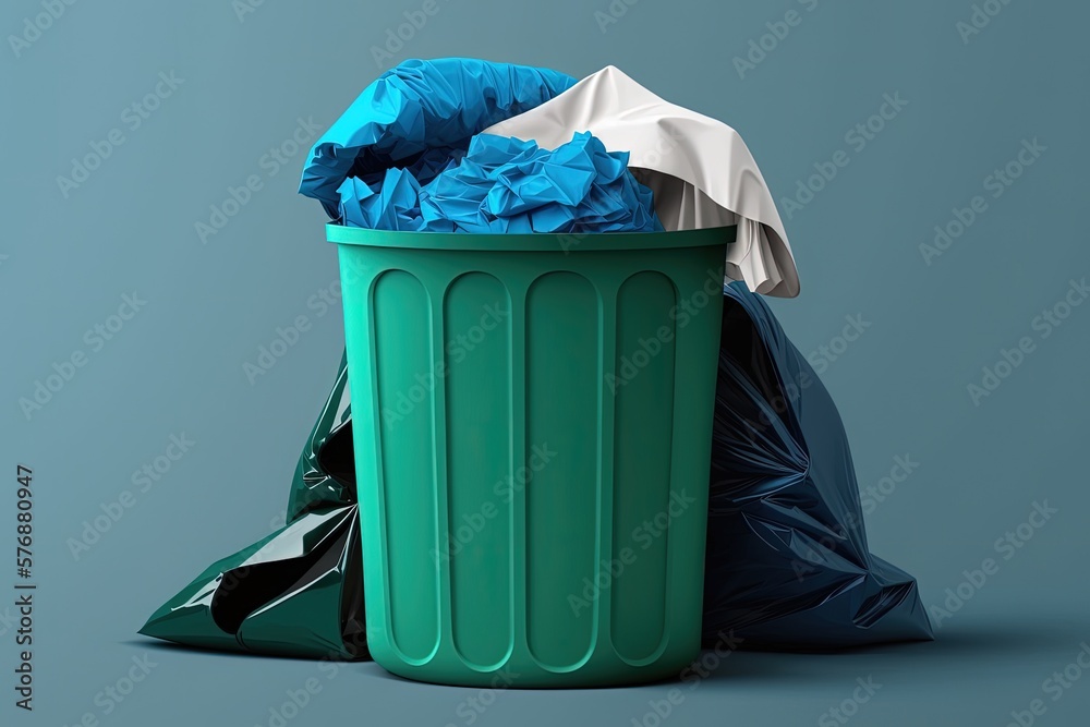 Background garbage can with a stack of trash bags, blue bin, trash, garbage, rubbish, plastic bags. 