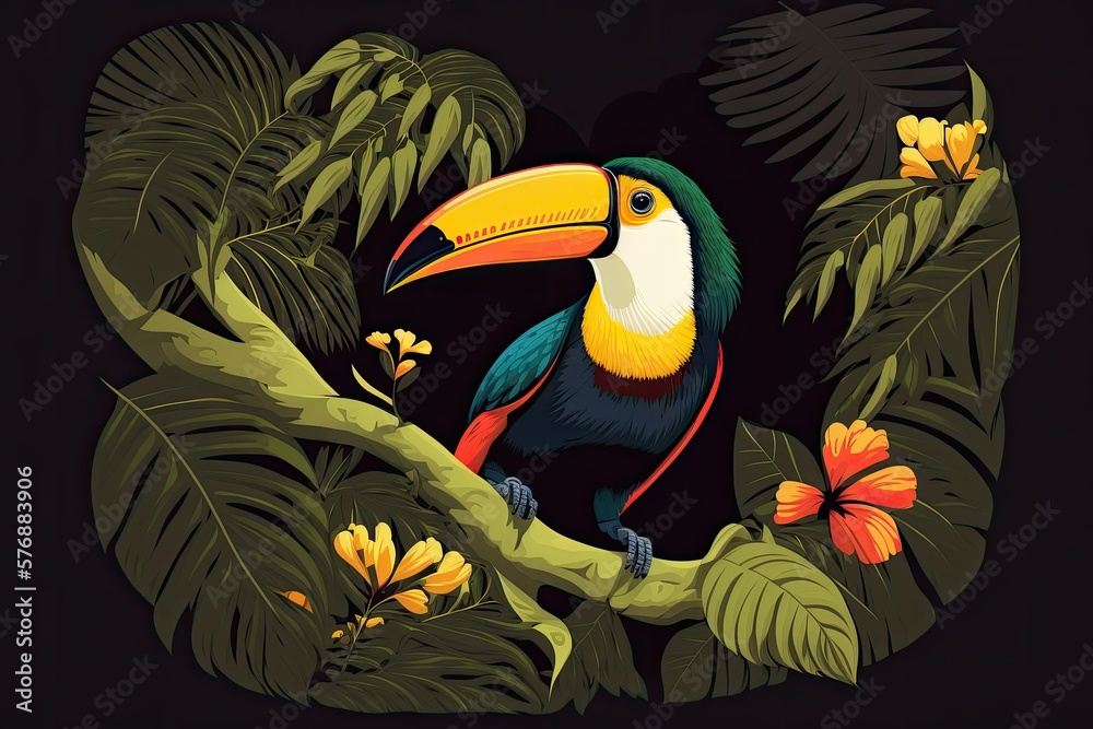 A toucan bird occupies a perch on a branch inside its enclosure. Huge toucan amid the jungles of the
