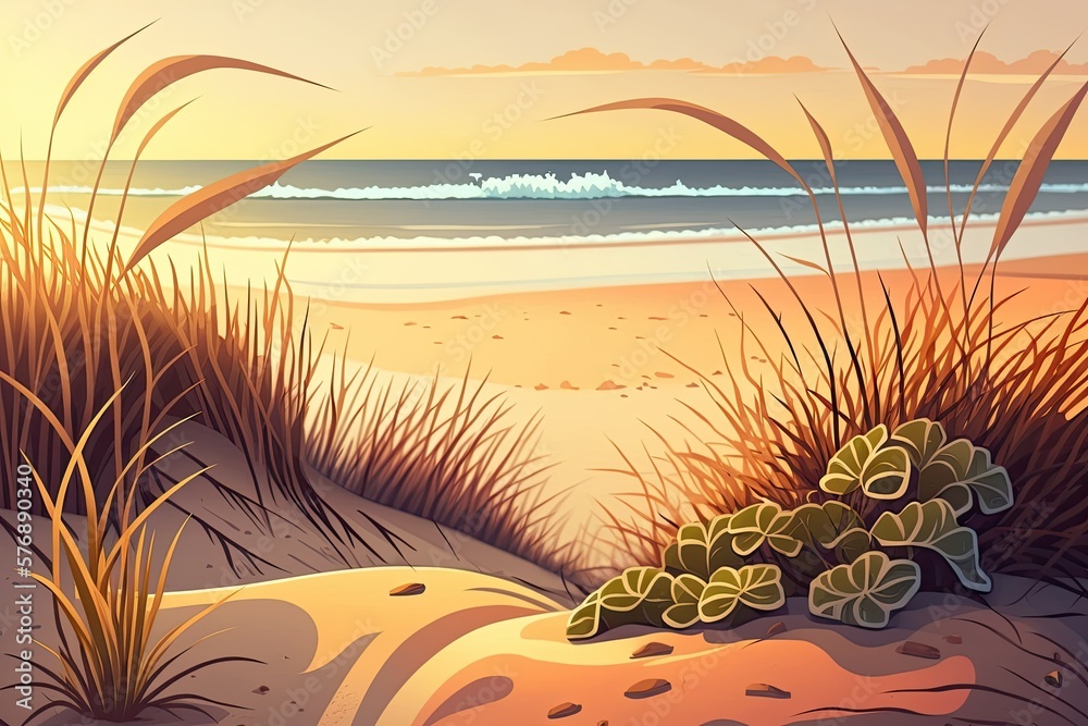 Australias white sand, dune grass, and Pacific Ocean surf at sunrise. Generative AI