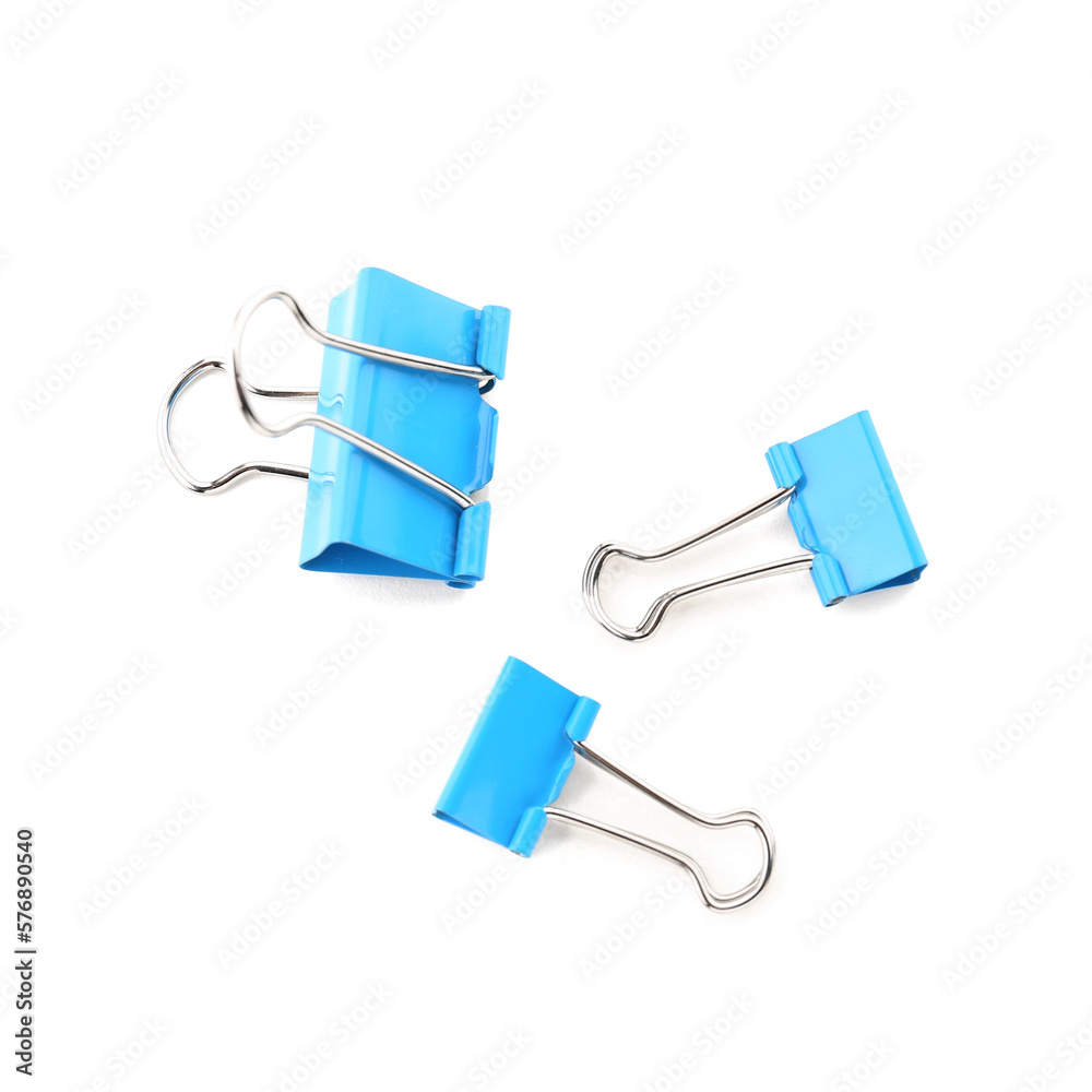 Blue binder clips isolated on white background