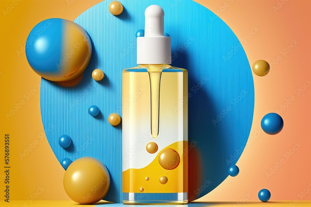 Serum or bubble oil in a golden color is seen against a yellow background. solution for skin care as