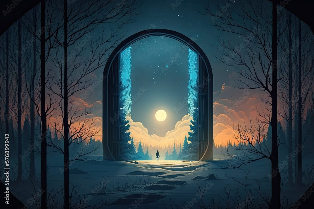 A brilliant portal gateway floats above a track in a gloomy, misty winter woodland; this is a scienc