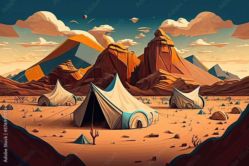 clusters of brown clothed tents in the desert. Generative AI