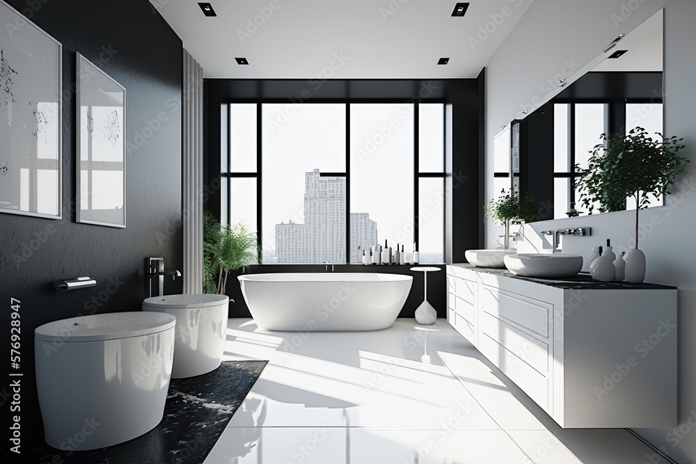 Taking a look at the room from the side, we see a white bathroom with a white tub, a white vanity, a