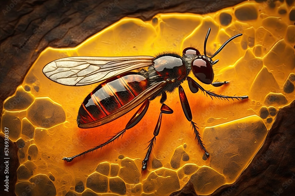 A fly preserved in amber from Burma dating back 99 million years (fossilized tree resin, also called