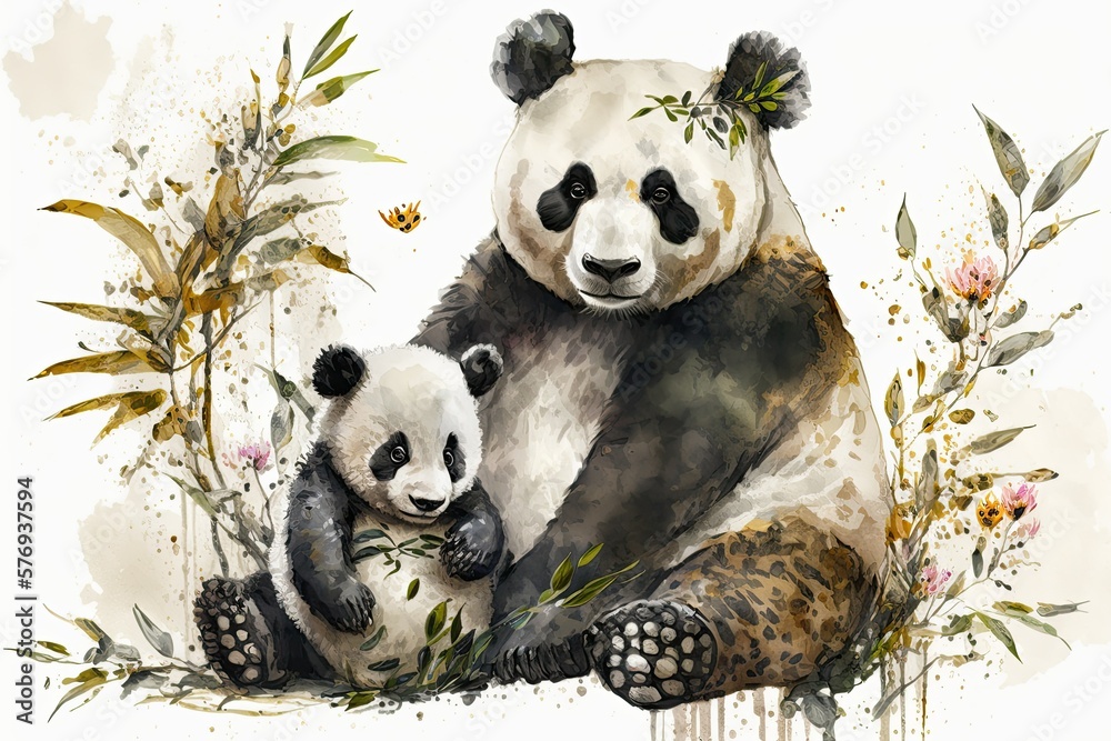 The downloadable file features a mother panda and her cub painted in watercolors using bamboo brushe