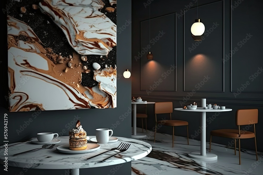 In a cafe or restaurant with a marble tabletop and a blurred interior. Generative AI