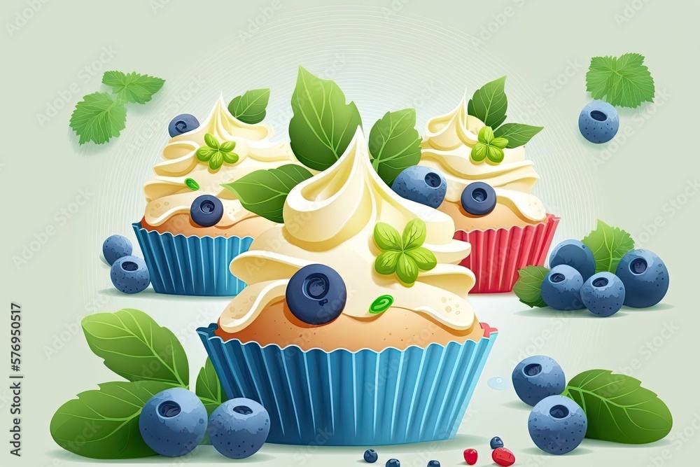Lovely lemon vanilla cupcakes topped with cream cheese icing and garnished with blueberries and gree
